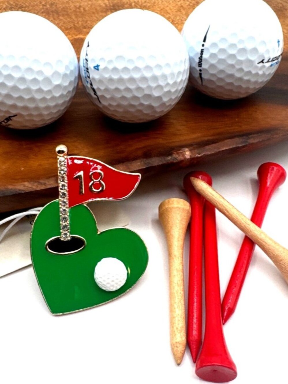 2/$30 Golf-Themed Green Heart Enamel Brooch Red Flag & Golf Ball Design
